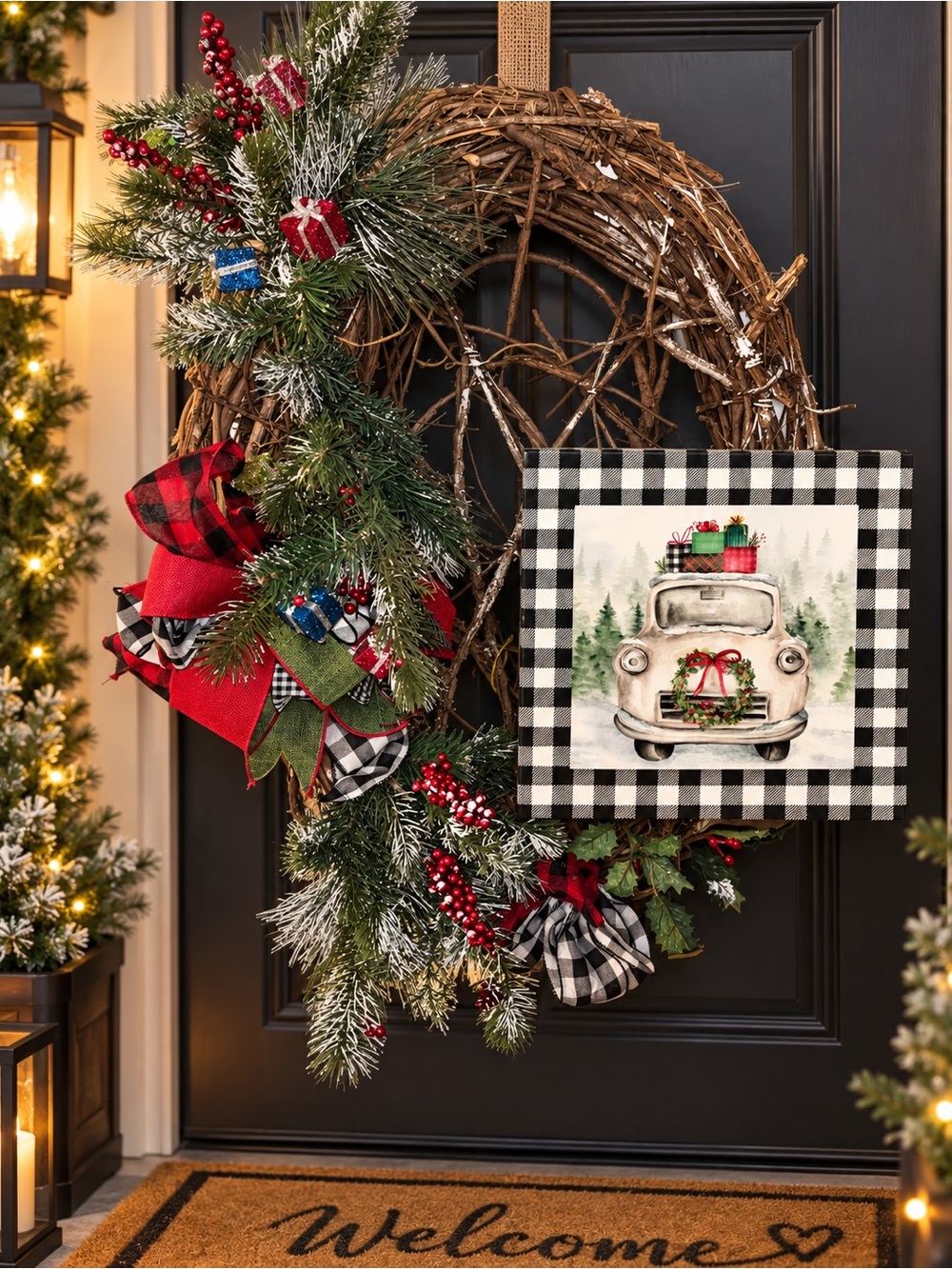 Holiday Buffalo Plaid Truck Wreath - White & Black
